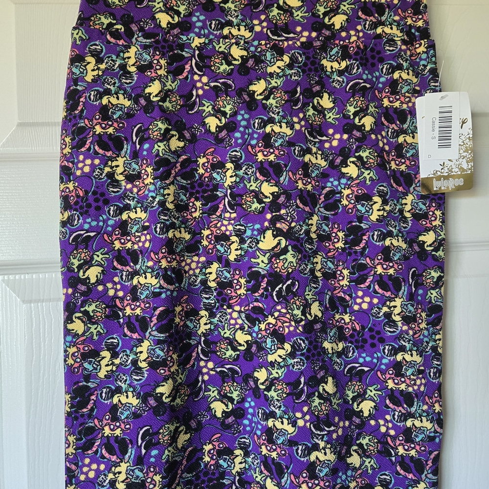 LuLaRoe Minnie Disney Cassie Skirt with Purple and Yellow Pattern
